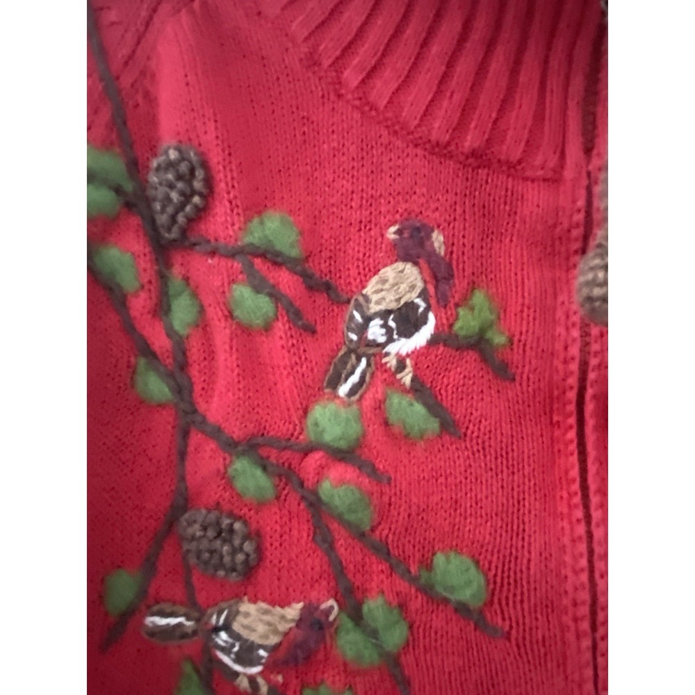 Coldwater Creek Birds & Pine Cones Cardigan Sweater Size 1X Red Embroidered Zip - Picture 2 of 6